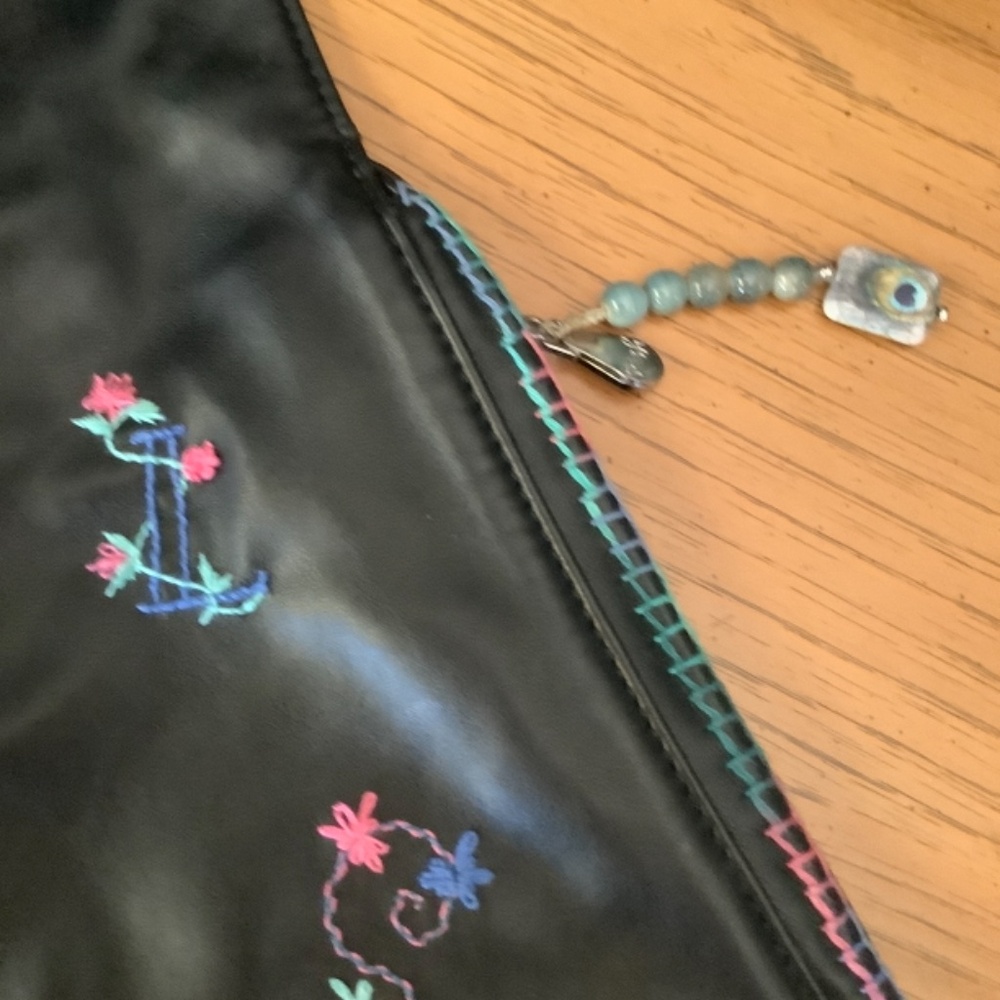 Sash Crossbody Travel Purse. Black Vegan Leather with Embroidery - Picture 5 of 8